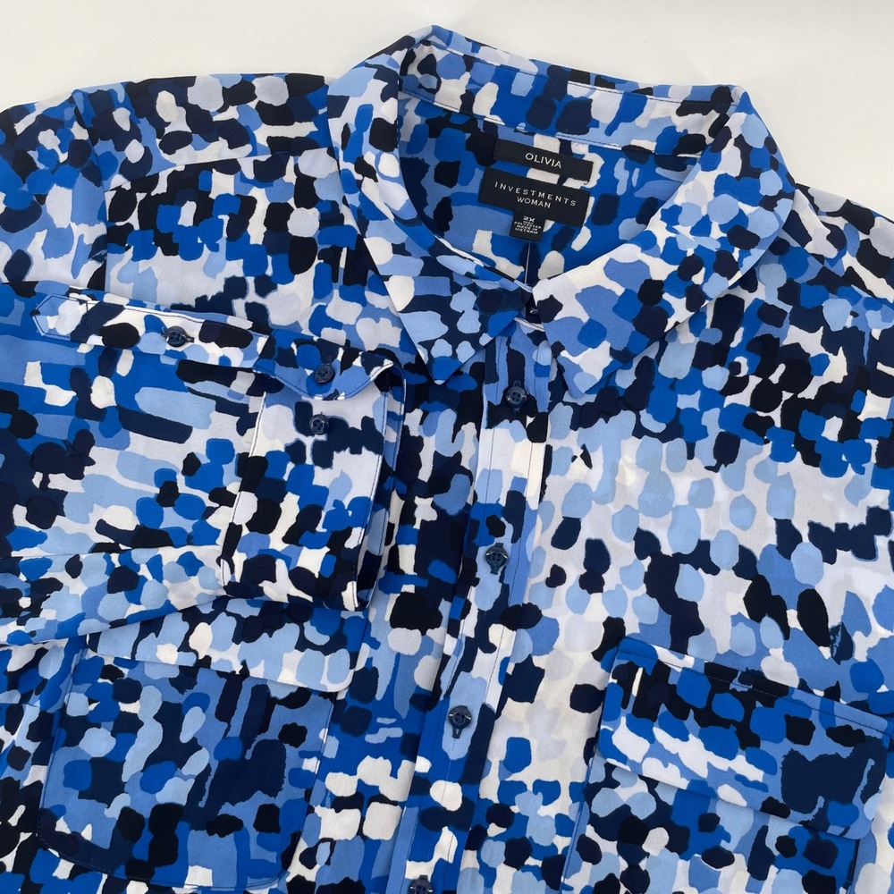 Investments Olivia Button Down Shirt Womens 2X Blue Abstract Print Blouse NWT